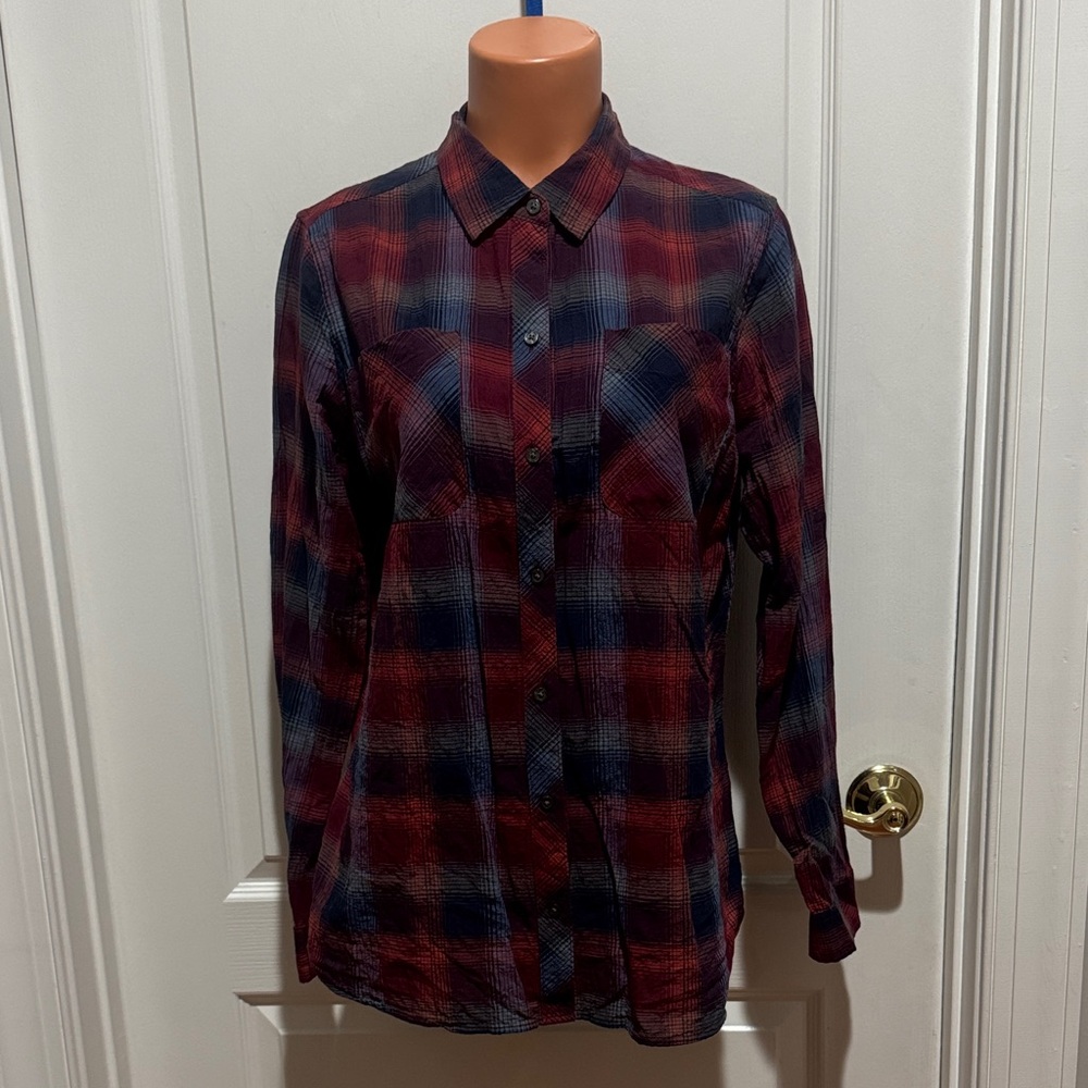 EDDIE BAUER Red Blue Gray Plaid Cotton Collar Button Up Shirt L Large EUC $75 KL